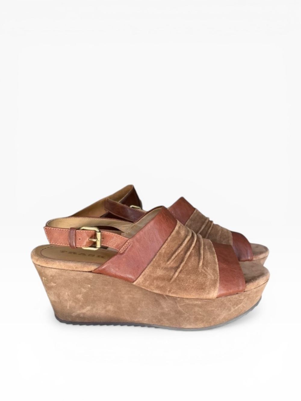 Trask Sundance Shari Suede Leather Made in Brazil Platform Wedge Cognac  Sz 10